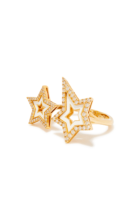 Full Diamond Double Star Ring, 18K Yellow Gold & Diamonds with Enamel